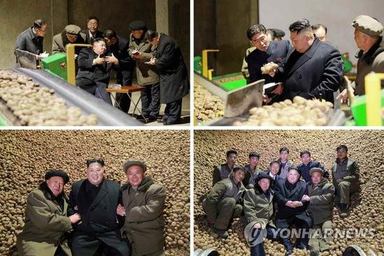 金正恩视察三池渊郡土豆粉制造厂。(韩联社)