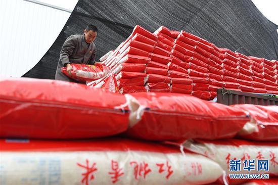 重庆潼南粮食储备点内工人在搬运袋装大米（12月20日摄）。新华社记者 唐奕 摄