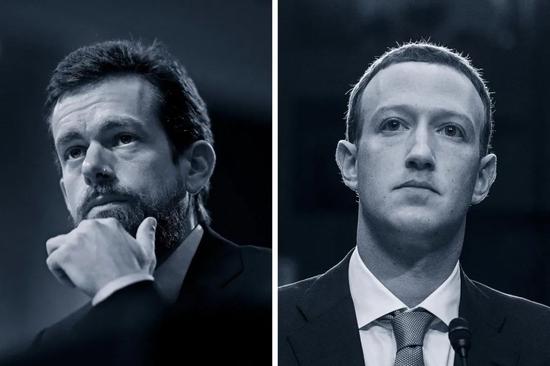 (图说:左边为推特首席执行官多尔西,右边为Facebook首席执行官扎克伯格。图源/纽约时报)