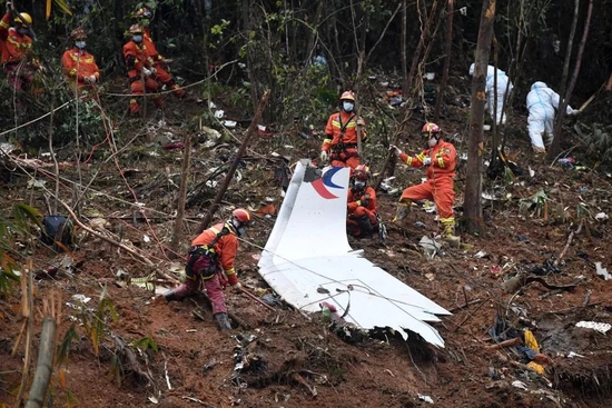 ▲3月24日，搜救人员在东航MU5735客机坠毁事故核心现场进行搜索。（新华社/图）