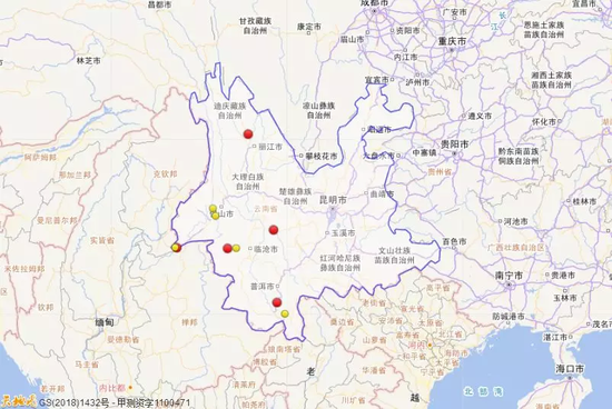 2018年1月1日到3月31日云南三级地震活动分布图(四级以上红色标注)