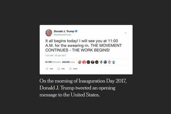 (2017年1月20日,特朗普正式就职,同时开启了“推特治国”之路。图/The New York Times)