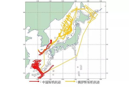 ▲图为空自应对中国和俄罗斯战机的航迹统计