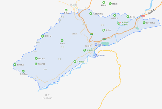 （图说：图中蓝色区域为瑞丽市，其三面与缅甸相连。）