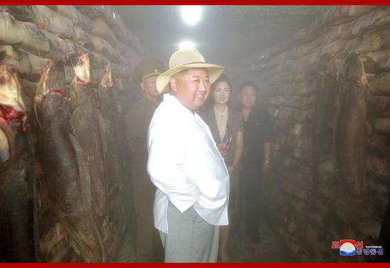 金正恩偕夫人视察鲶鱼厂(朝中社)