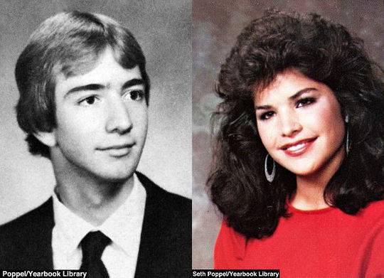  貝佐斯和桑切斯在高中年鑑上的照片，1982年他在邁阿密，1987年她在新墨西哥州的阿爾伯克基。
