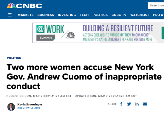 CNBC：又有两名女子指责纽约州州长安德鲁·科莫行为不当