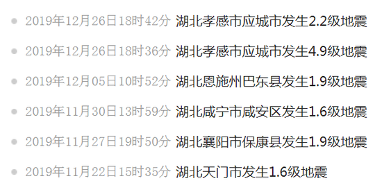 图为近一个月来,湖北省内部分地震情况 湖北省地震局官网截图