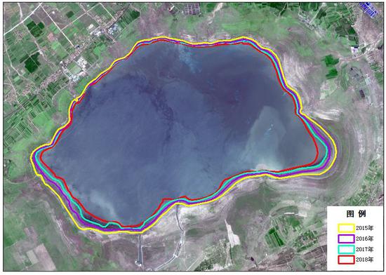 图3 岱海2015-2018年第二季度湖面面积变化影像图