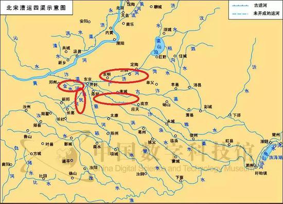 （图为北宋以开封为中心的漕运四渠——汴渠、金水河、惠民河、广济河）