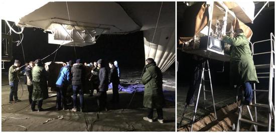 12月15日凌晨,上海市环境监测中心的技术人员在现场调试“超级气球”要携带的仪器