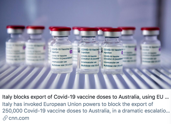 意大利“拦截”了原定出口到澳大利亚的疫苗|新冠状肺炎|意大利_新浪新闻