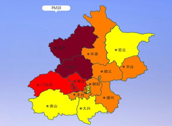 截至15时,延庆、昌平PM10明显升高。(来源:北京市环境保护监测中心网站)