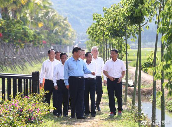  图说：2018年4月12日，海南省三亚市。习近平总书记在国家南繁科研育种基地（海南）同袁隆平等农业技术专家一道，沿着田埂走进“超优千号”超级杂交水稻展示田。新华社记者 谢环驰摄