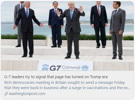 G7领导人试图展示,“特朗普时代”的那一页已经翻过去了。/《华盛顿邮报》报道截图