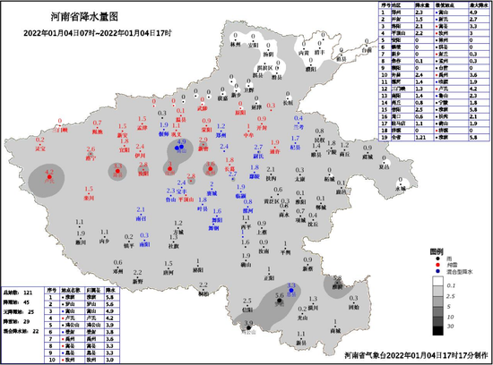 图1 2022年1月4日07时至17时河南省降水量图