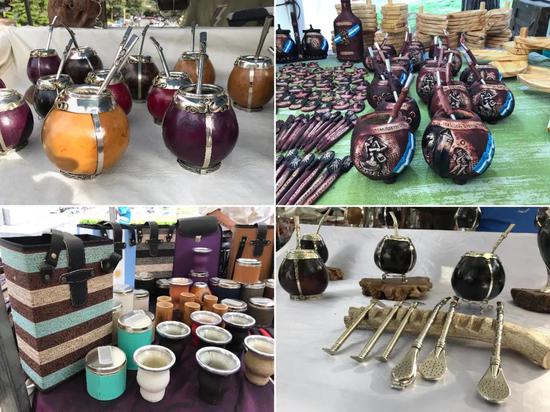△马黛茶由马黛树(学名巴拉圭冬青)的叶子制成。一个茶壶(最早是用葫芦制成,现在也用木头、金属等制作)、一个过滤吸管是马黛茶的必备茶具。在布宜诺斯艾利斯,经常可以见到琳琅满目的马黛茶茶具。(央视记者拍摄)