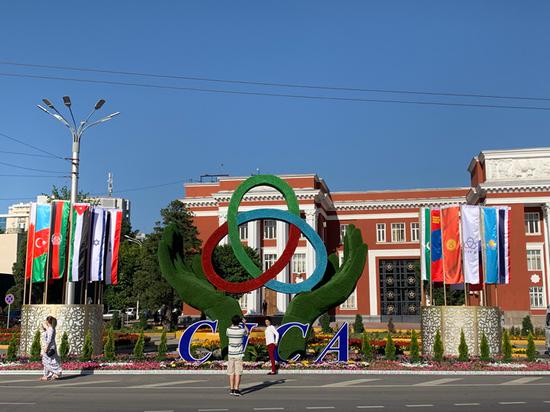 △杜尚别街头的亚信徽标与各国国旗。(央视记者段德文拍摄)