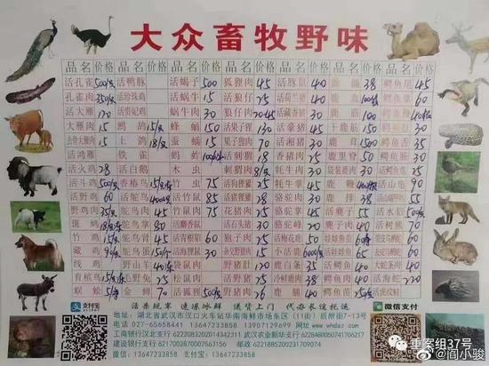 ▲网传“大众畜牧野味”价目表。