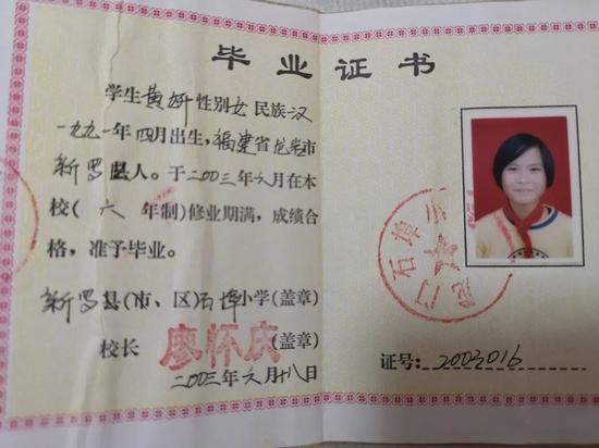 2003年"非典"结束后,黄妍如期小学毕业.