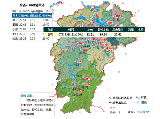 ▲尽管水位有所下降,鄱阳站13日晚21时的水位还与历史极值持平。来源:江西水利厅