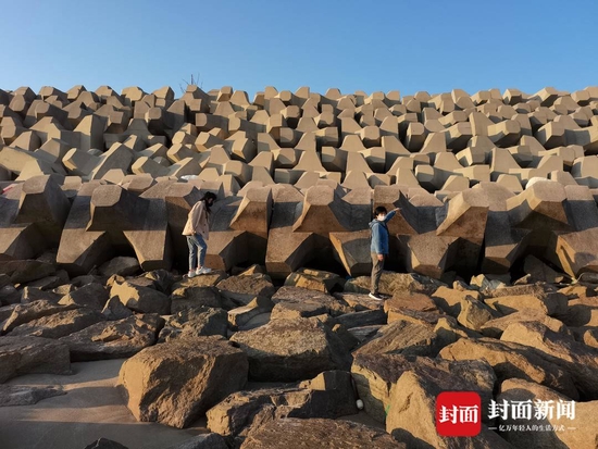 母女三人在防浪石缝隙寻找