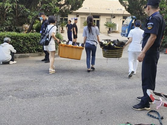 李晟的同事們把遲來的花抬上貨車 周昱帆 攝