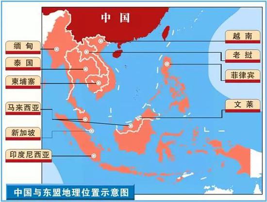 ▲中国与东盟地理位置示意图(新华社)
