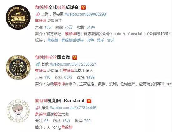 以《偶像练习生》里人气最高的蔡徐坤为例,网上有不少为其成立的粉丝组织。