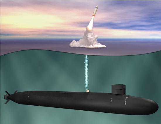 “哥伦比亚”级核潜艇发射潜射导弹想象图