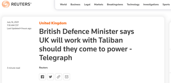 英国防大臣:如塔利班掌权,英国将与其接触