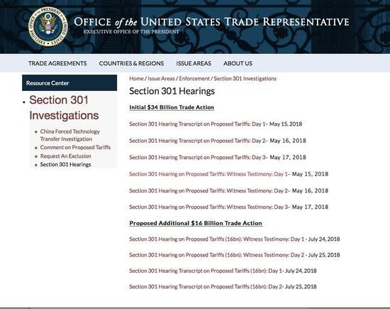 美国贸易办公室公布的听证会实录