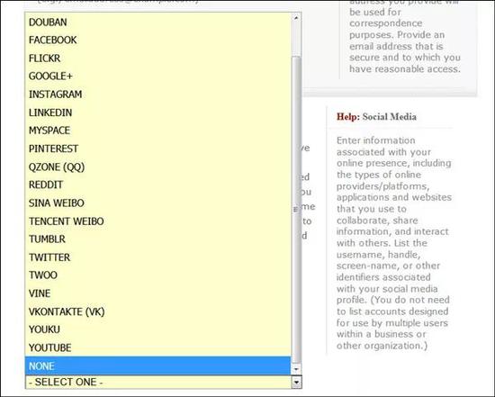 签证申请中的社交媒体下拉菜单