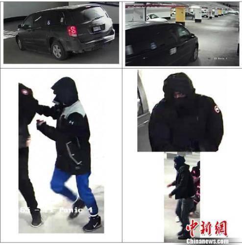  警方公布的现场监控视频显示的嫌犯及作案所用车辆画面。图片来源：中新网