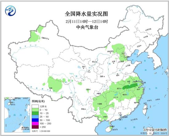 全国降水量实况图(2月11日14时—12日14时) 来源 中央气象台