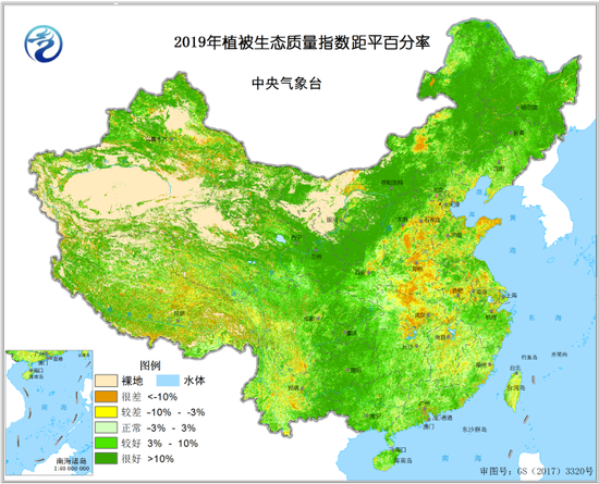 2019年植被生态质量指数距平百分率 图片泉源:《2019年全国生态气象公报》
