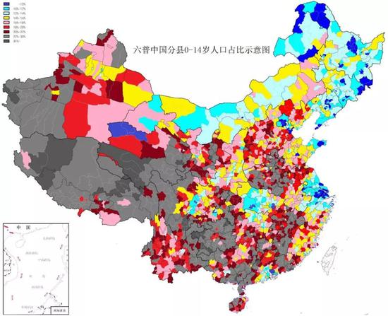 第六次人口普查中国分县0-14岁人口占比示意图 　　（图片来源于网络）