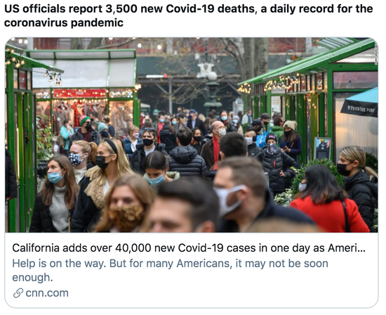 美国官员报告了3500例新增死亡病例,打破单日死亡病例纪录。/ CNN报道截图