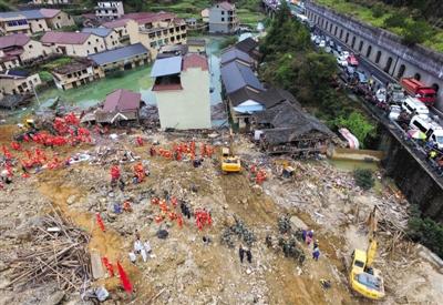 昨日航拍的山体滑坡现场。13日,浙江省丽水市莲都区雅溪镇里东村发生山体滑坡,已致9死1伤。 新华社记者 韩传号 摄