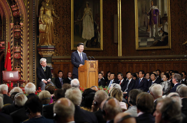 图为：2015年10月20日，国家主席习近平在英国议会发表讲话。