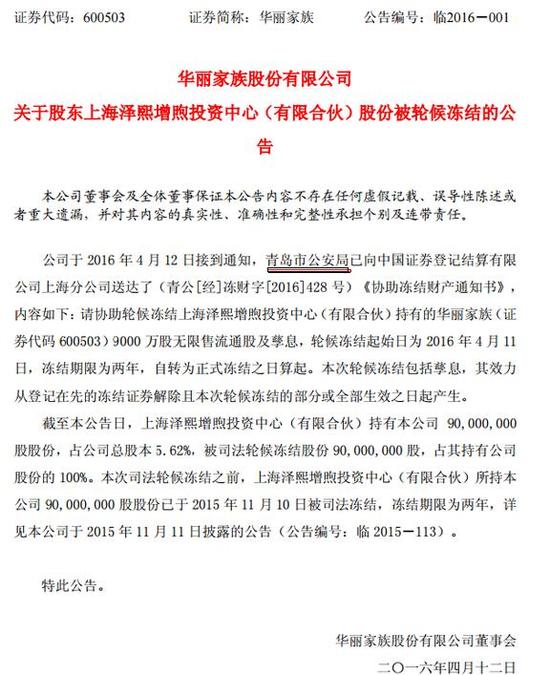 华丽家族股份有限公司公告