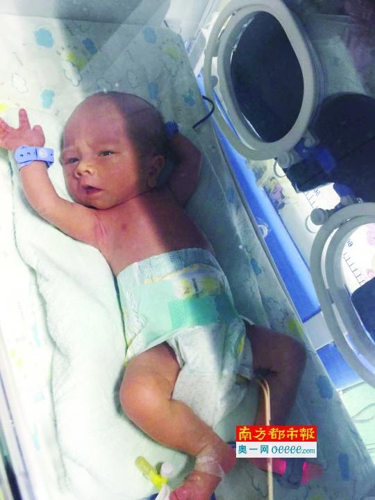 龙华新区中心医院新生儿科，因为家属还没给孩子取名字，院方临时在他手腕处腕带上写着“弃婴”两字。南都记者 赵炎雄 摄