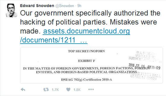斯诺登公开绝密文件：美国曾批准对国外政党实施网络攻击