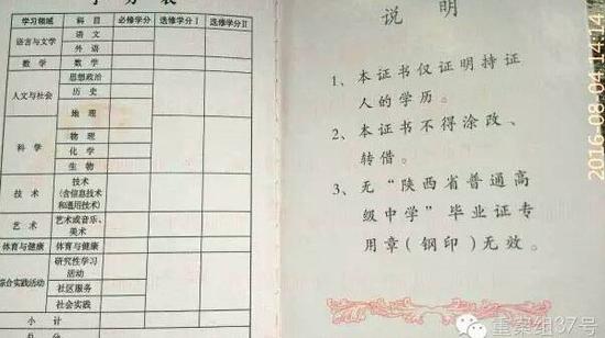 毕业证书后注明，无“陕西省普通高级中学毕业证专用章(钢印)”无效。受访者供图