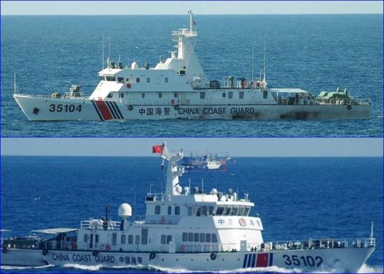 周六在钓鱼岛附近海域护渔船的其中2艘中国海警船。