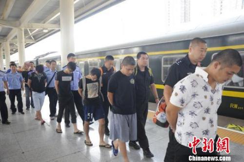 兰州市公安局城关分局民警历时6个多月,先后往返陇粤两省多个地区上万公里,摧毁了以航班延误退改签为诱饵的电信诈骗团伙,6名犯罪嫌疑人分别在广东深圳、东莞、顺德等地被抓获,并于8月7日被押解回兰州。 冯忠海 摄