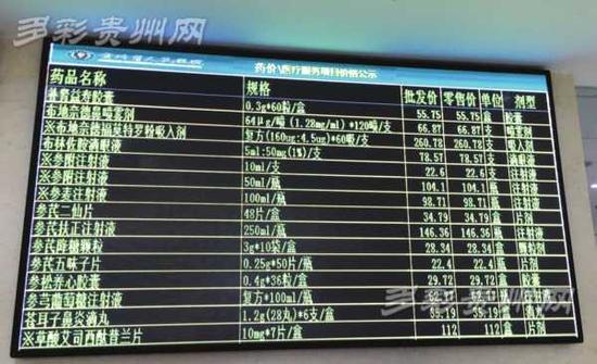 贵州省人民医院药房外的电子大屏在公布药品进价和售价。