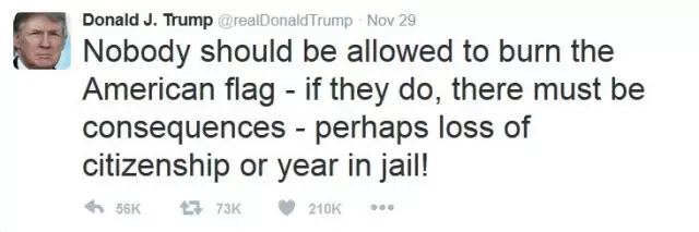 　　按照他的说法：没有任何人可以燃烧美国国旗！如果真有人做，那他们必须付出代价——可能是失去公民资格，或者大牢里关上一年！