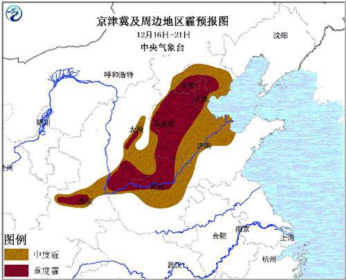 京津冀及周边地区霾预报图（12月16日至21日）