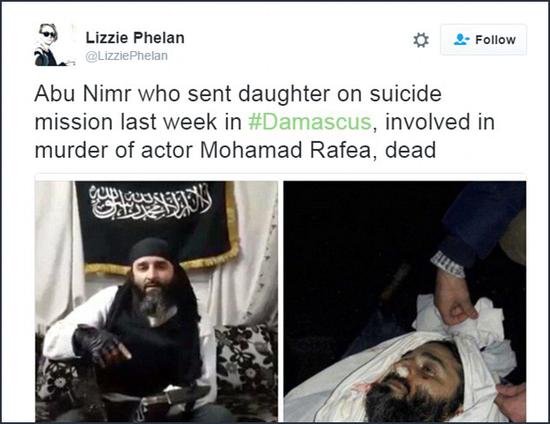  今日俄罗斯记者Lizzie Phelan推特发文称，Abu Nimr已死 
